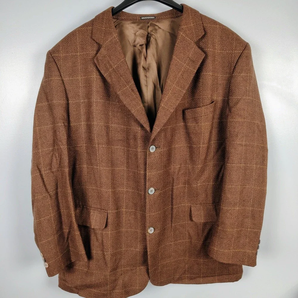 Stafford Mens SZ 48R Blazer Brown Wool Windowpane Check Dark Academia Professor
